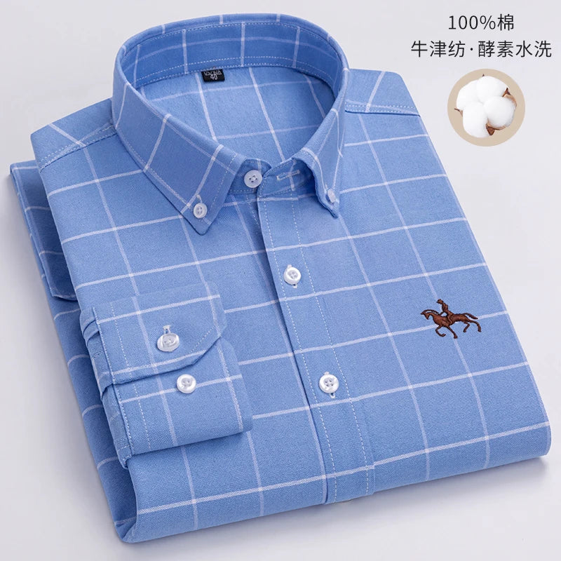 100% Cotton Oxford Shirt For Men's Long Sleeve Solid Casual Business Regular-Fit Formal Dress Shirts Social Blouse Male Clothes