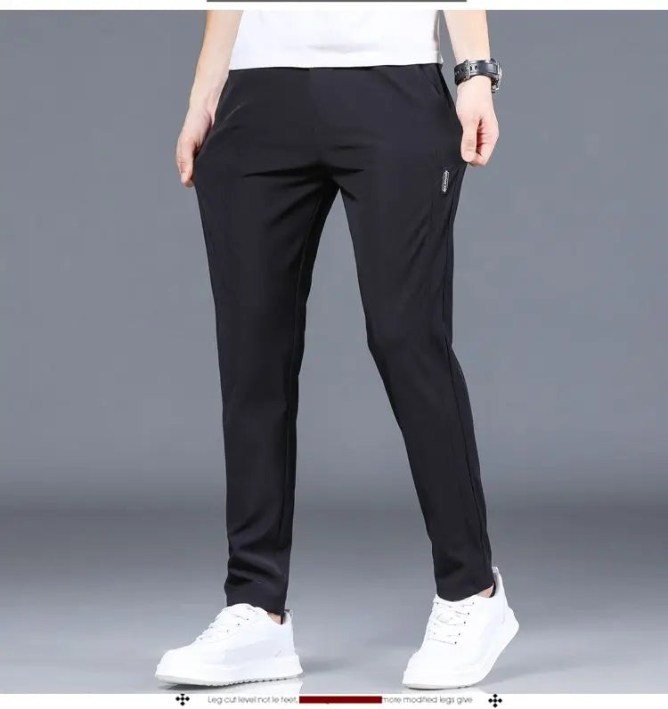 Ice silk men's pants 2025 summer new black gray thin business casual pants outdoor elastic breathable straight leg sports pants