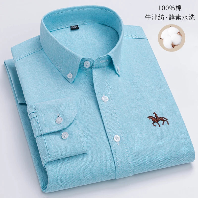 100% Cotton Oxford Shirt For Men's Long Sleeve Solid Casual Business Regular-Fit Formal Dress Shirts Social Blouse Male Clothes