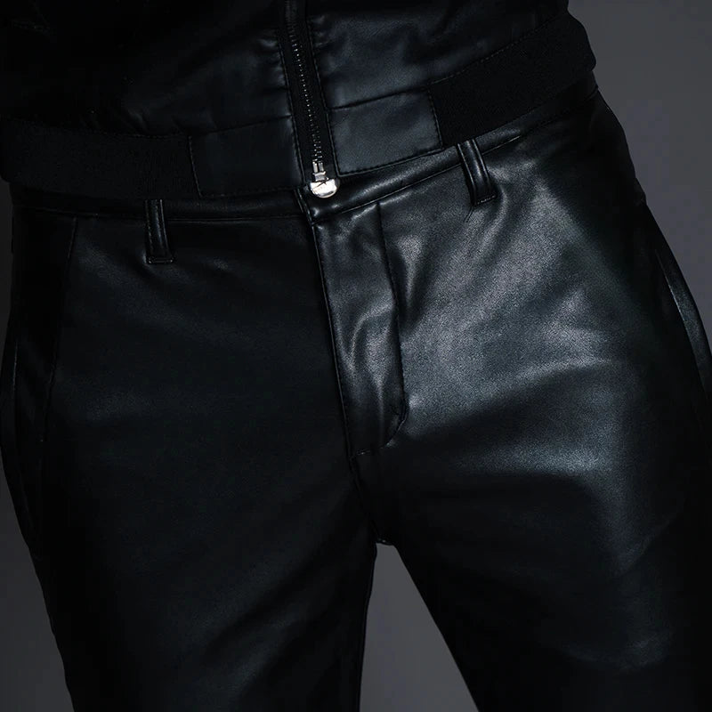 New  Mens Skinny Biker Leather Pants Fashion Faux Leather Motorcycle Trousers For Male Stage Club Wear