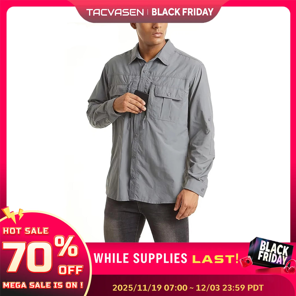 TACVASEN Summer Cargo Shirts Men's Mesh Breathable Long Sleeve Multi-Pockets Work Shirts Quick Dry Hiking Fishing Shirt Outdoor
