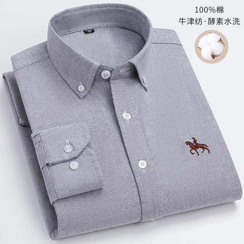 100% Cotton Oxford Shirt For Men's Long Sleeve Solid Casual Business Regular-Fit Formal Dress Shirts Social Blouse Male Clothes