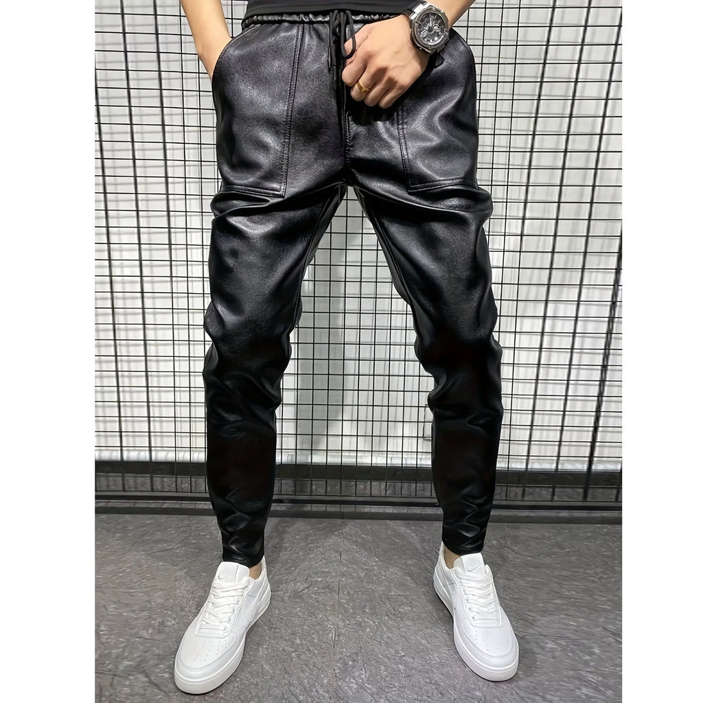 Men's plus size hot fashion black leather pants trend high-end slim fit small leg pants versatile fashionable leather pants