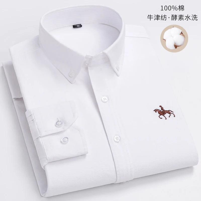 100% Cotton Oxford Shirt For Men's Long Sleeve Solid Casual Business Regular-Fit Formal Dress Shirts Social Blouse Male Clothes