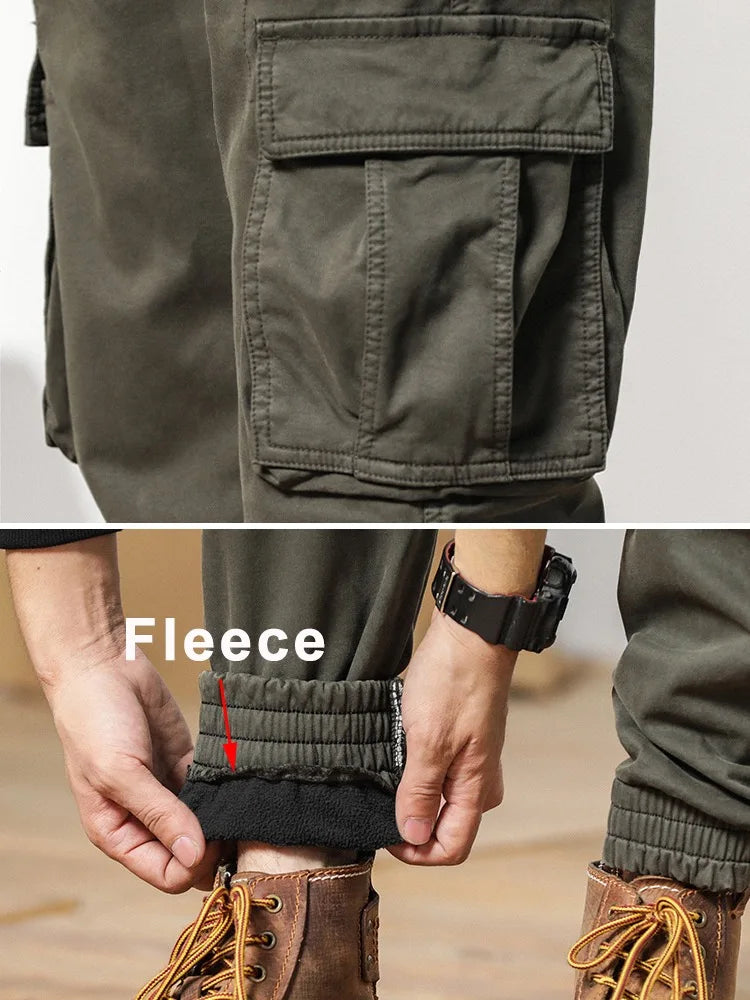 2023 New Multi-Pockets Winter Cargo Pants Men Fleece Liner Thick Warm Slim Fit Joggers Streetwear Casual Cotton Thermal Trousers