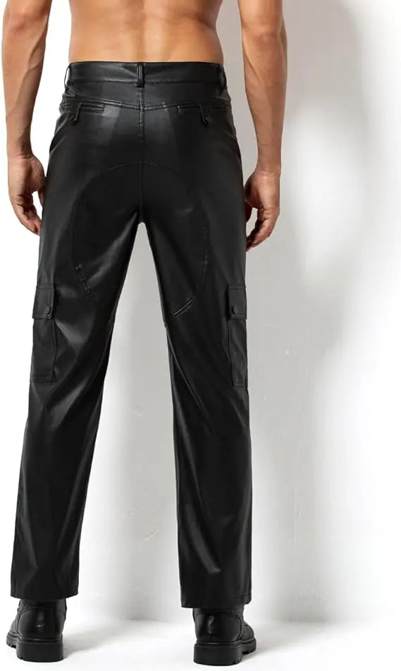 Arjen Kroos Men's Leather Pants Casual Straight Leg Motorcycle PU Leather Pant Multi Pockets