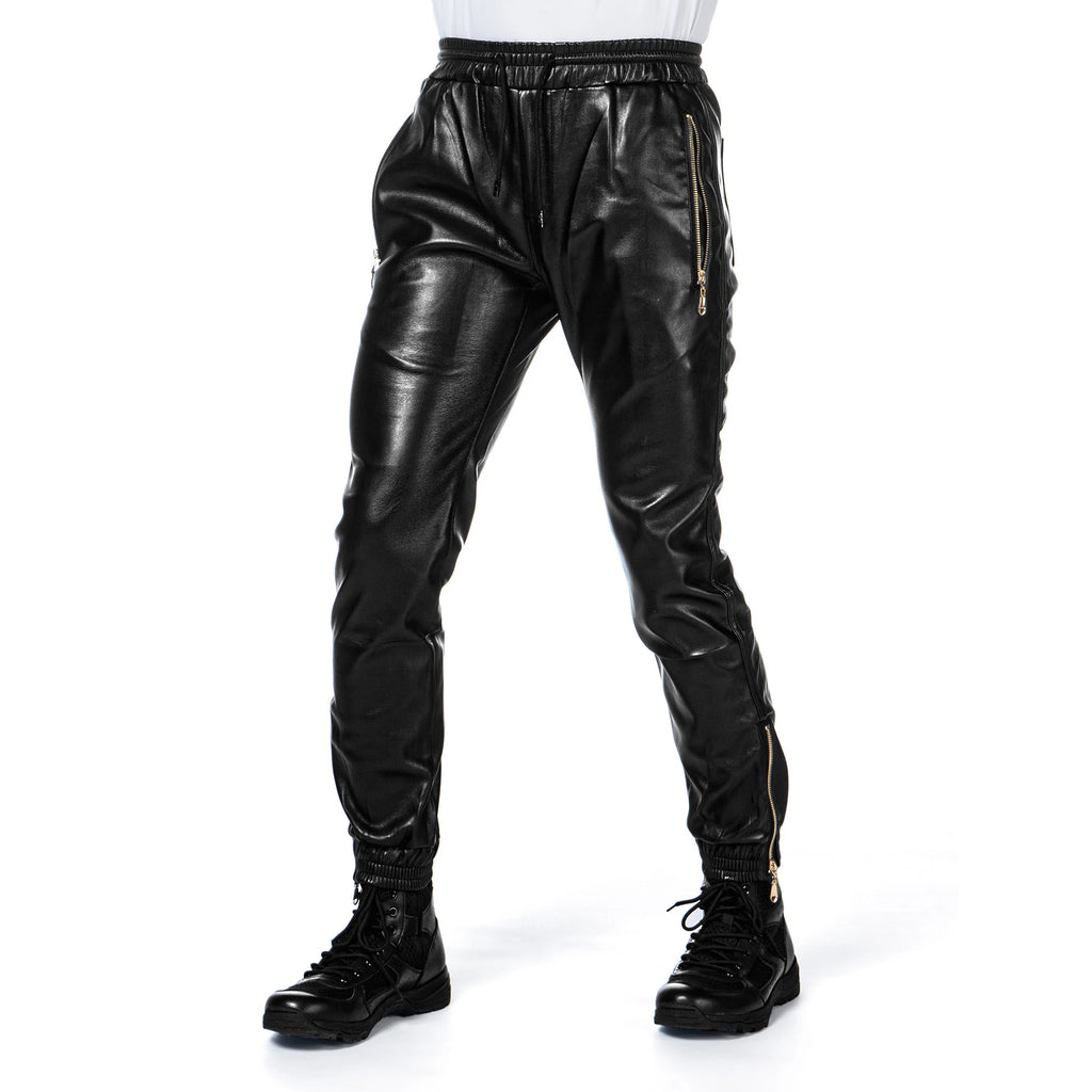 Men's Leather Pants Elastic Waist Jogger Pants PU Leather Motorcycle Trousers Biker's Pants