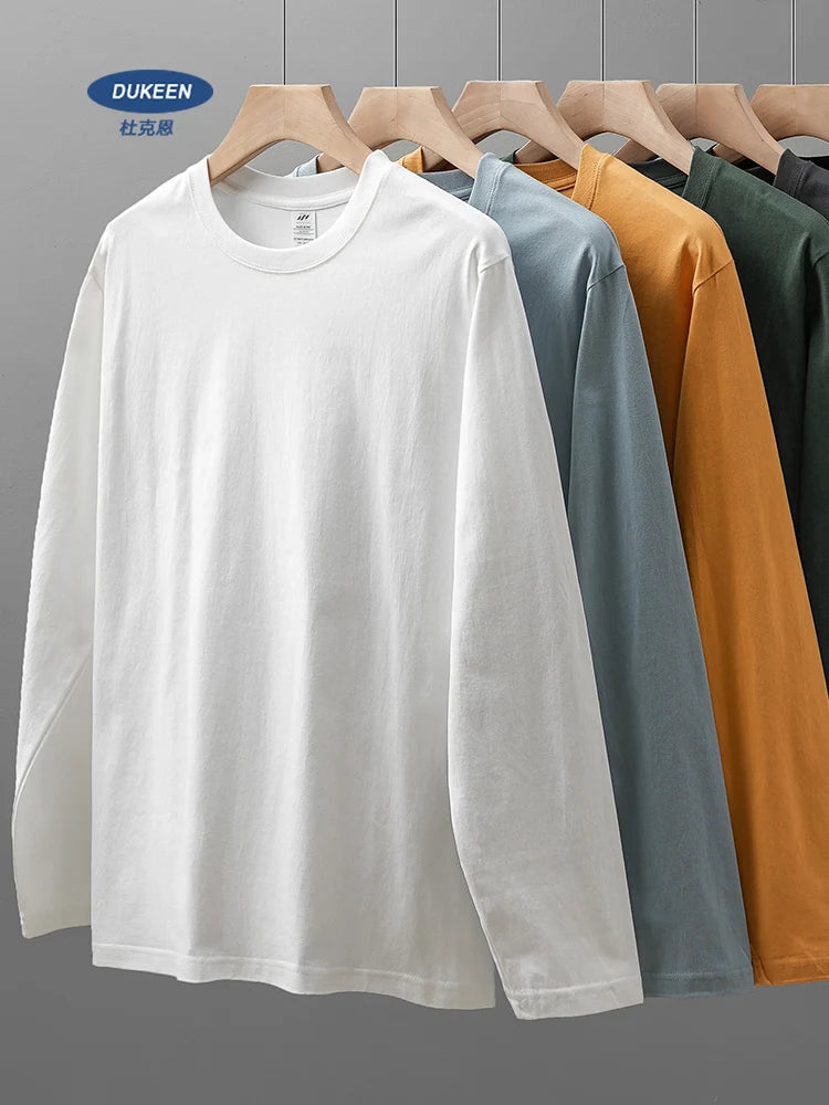 DUKEEN Men's 260G Long Sleeve T Shirts 2025 Spring Pure Cotton Solid Color Basic Crew-Neck Undershirt Men's Loose Tops 11 Color