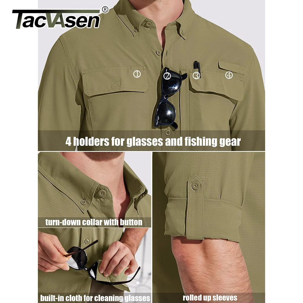 TACVASEN Quick Dry Fishing Shirts Men's UPF 50+ Sun Protection Long+short Sleeve Shirts Mesh Breathable Hiking Work Cargo Shirts