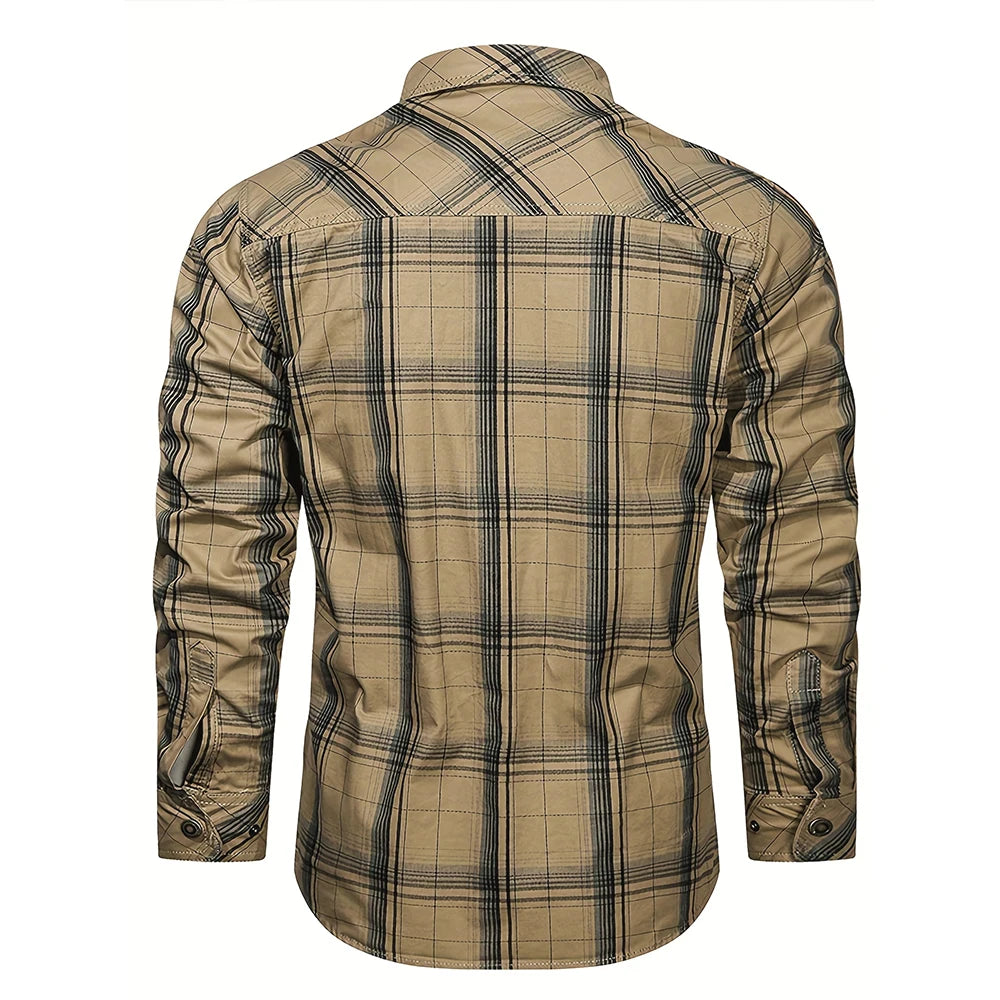 2024 New Plaid Shirt for Men Long Sleeve Striped Outdoor Casual Shirts Turn-down Collar 2-Pokcet Cargo Shirts High Quality Tops