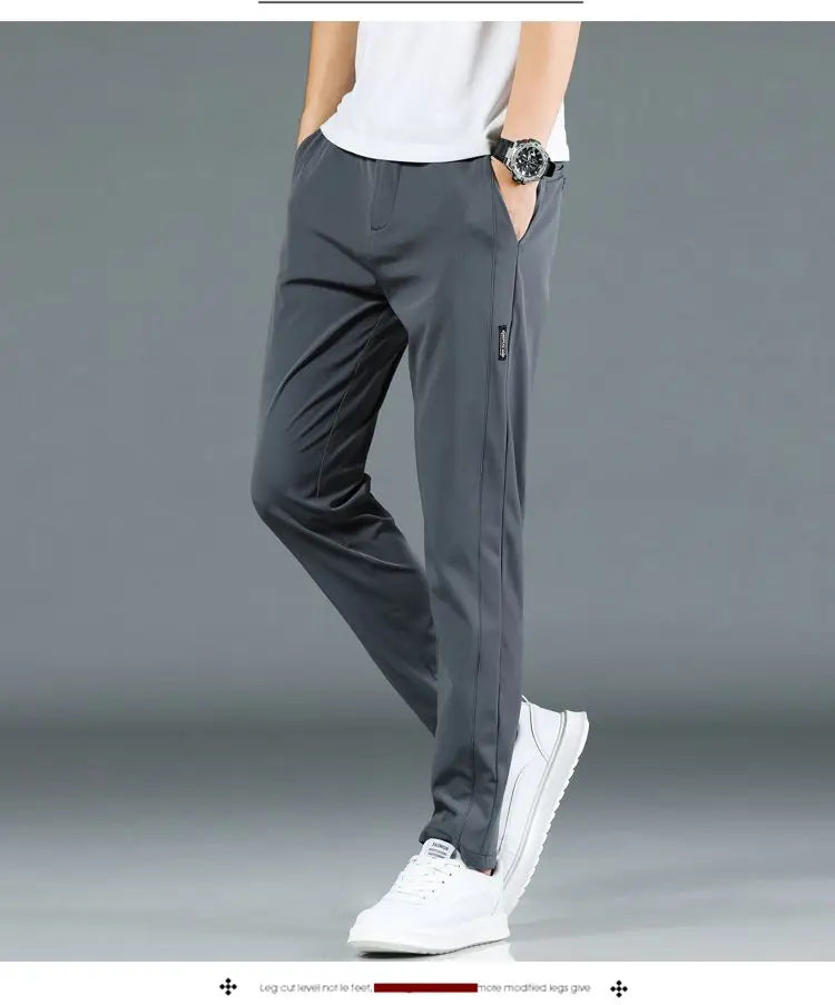 Ice silk men's pants 2025 summer new black gray thin business casual pants outdoor elastic breathable straight leg sports pants