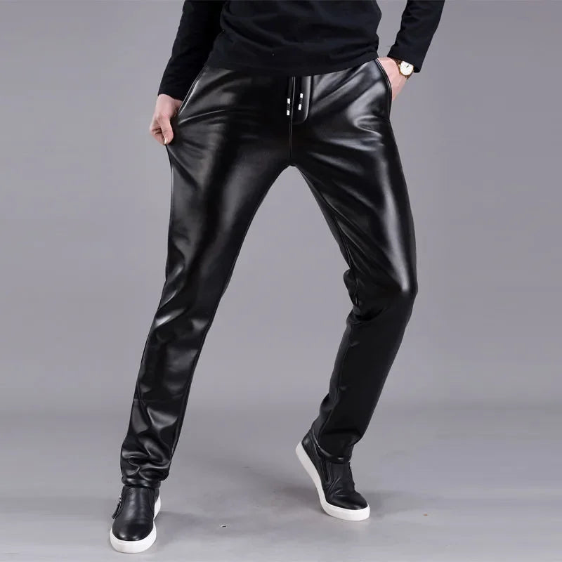Windproof Slim Leather Pants for Men: Thickened Warm Motorcycle Trousers for Autumn and Winter Black Leather Pants Man