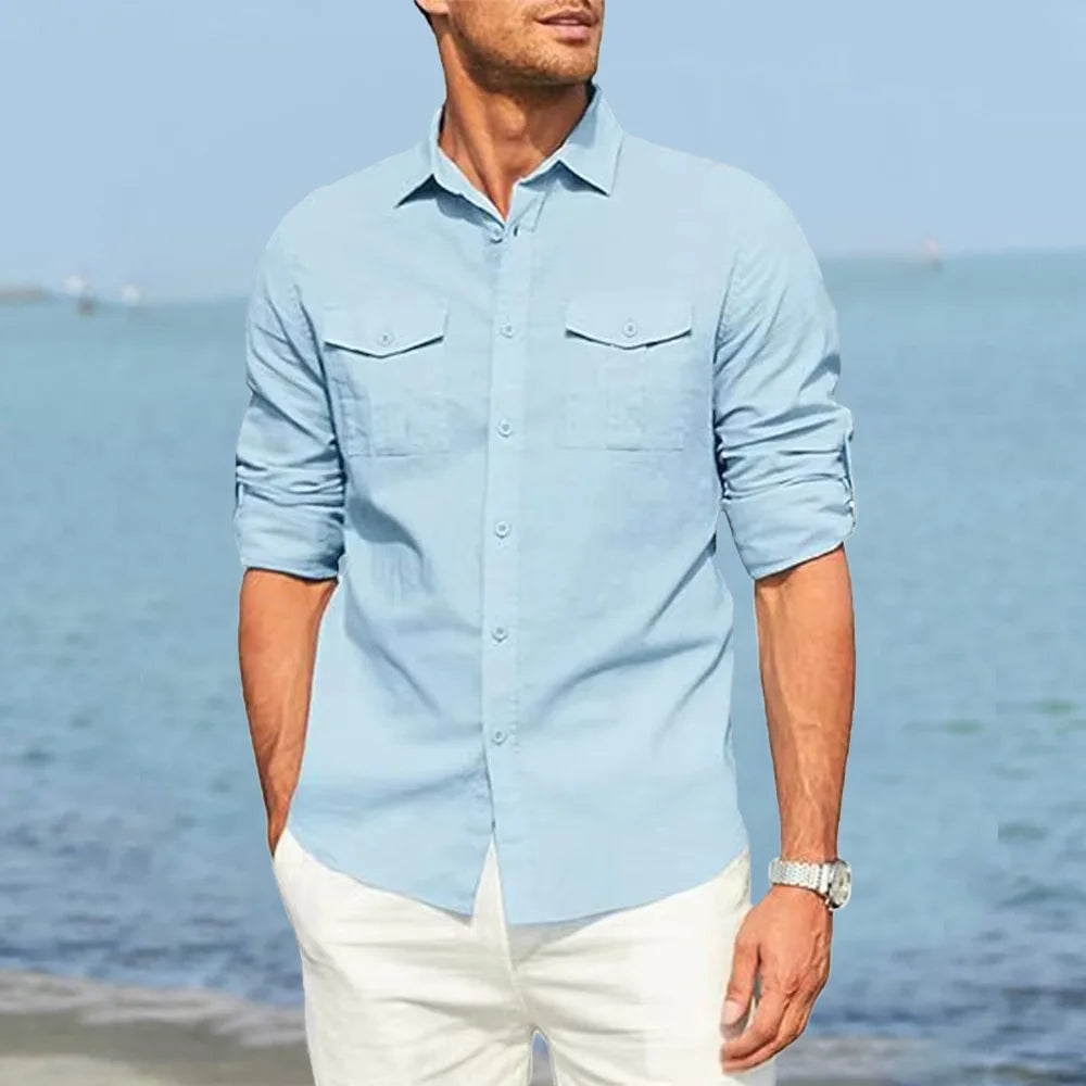 Autumn New Men's Pure Color Shirt Double Pocket Cotton Linen Long Sleeve Lapel Shirt Casual Dailywear Classic Male Cargo Shirts
