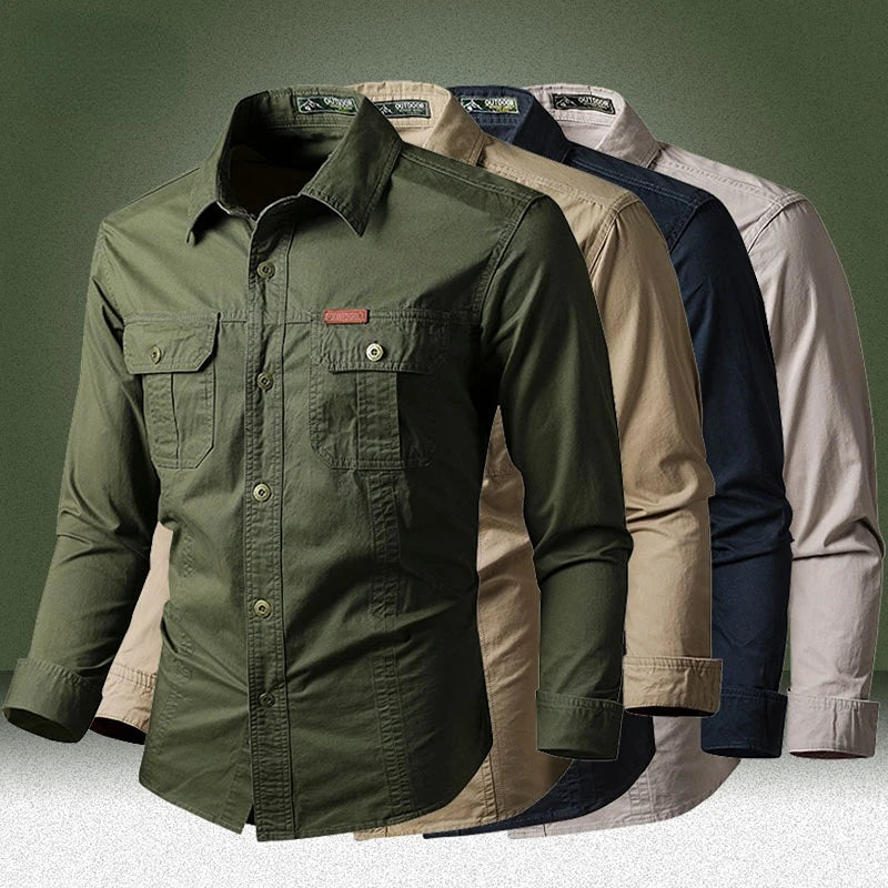 Retro Cargo Shirts Men Spring Autumn Cotton Casual Slim Fit Tops Outdoor Long Sleeve Tactical Shirt Army Denim Work Shirts
