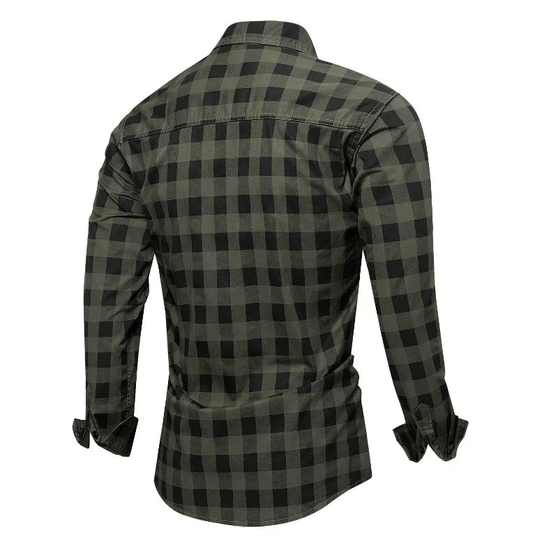 Men Long-sleeved Plaid Casual Shirts New Spring Male Military Outdoor Loose Cargo Shirts High Quality Man Cotton 100% Shirts 3XL