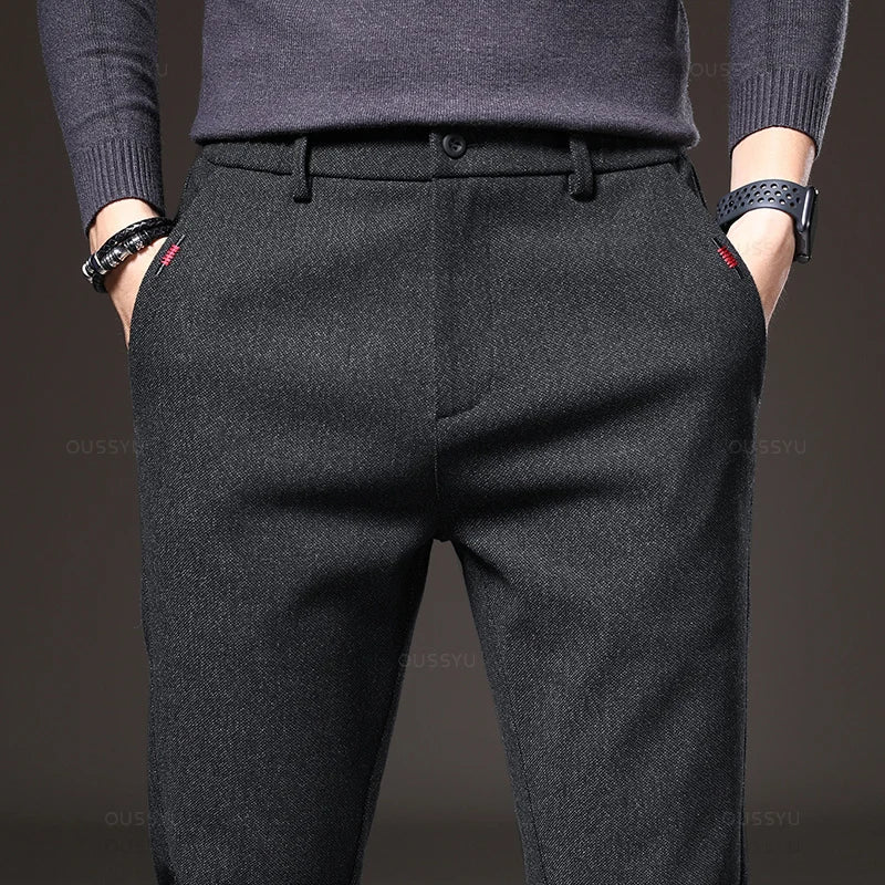 Autumn Men's Casual Pants Business Fashion Elastic Waist Slim Fit Stretch Thick Gray Black Cotton Trousers Male