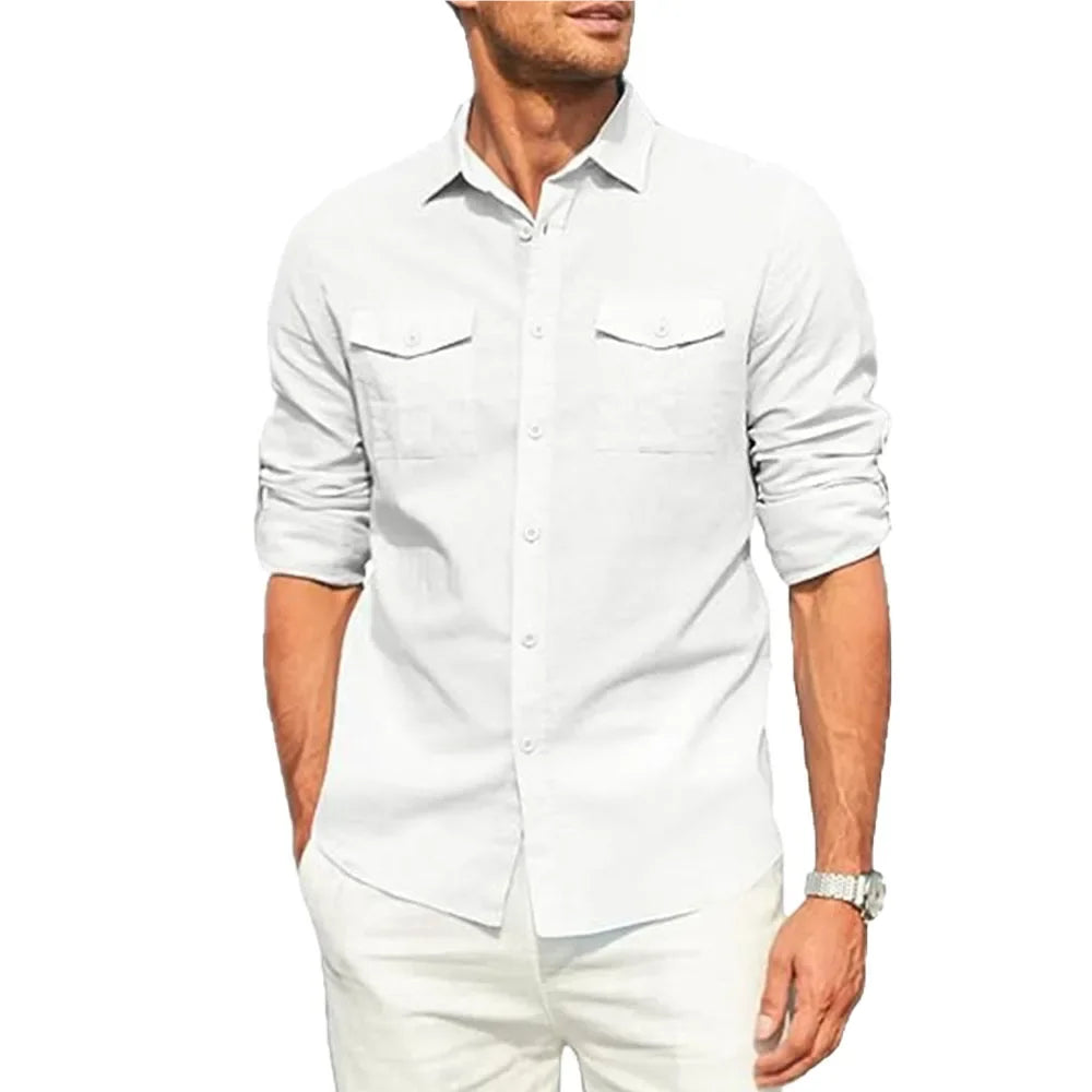 Autumn New Men's Pure Color Shirt Double Pocket Cotton Linen Long Sleeve Lapel Shirt Casual Dailywear Classic Male Cargo Shirts