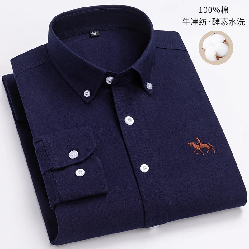 100% Cotton Oxford Shirt For Men's Long Sleeve Solid Casual Business Regular-Fit Formal Dress Shirts Social Blouse Male Clothes