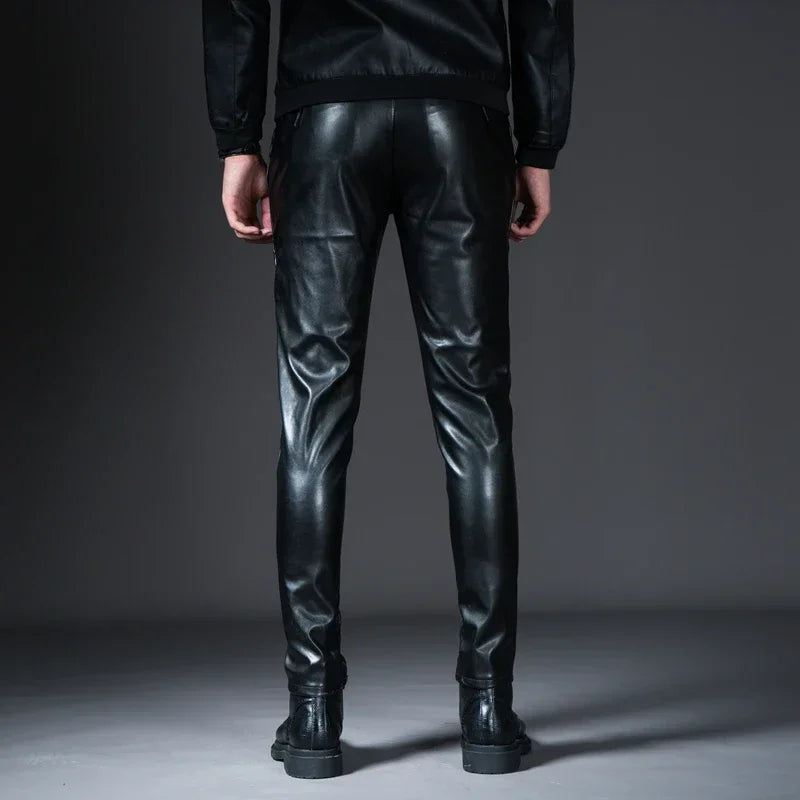 New  Mens Skinny Biker Leather Pants Fashion Faux Leather Motorcycle Trousers For Male Stage Club Wear