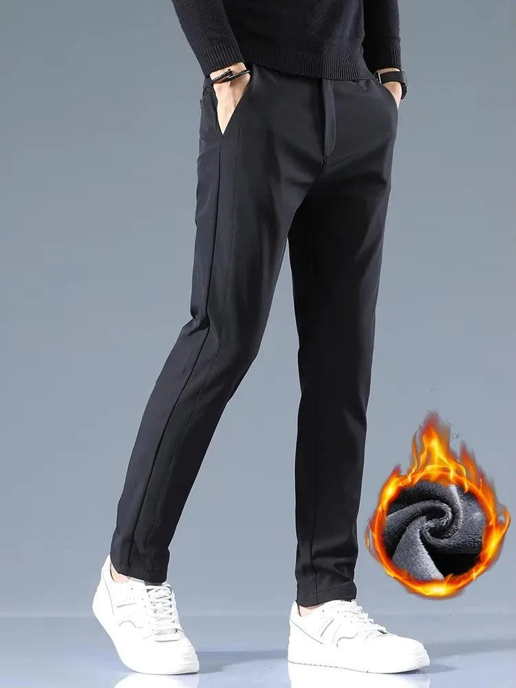 Winter Fleece Golf Casual Pants Men Business Slim Stretch Jogger Thick Trousers Korean Classic Elastic Waist Velvet Male Pants