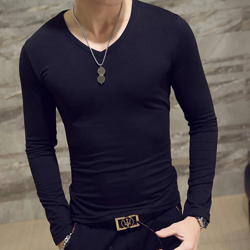 White Solid Color Basic Slim Men T-shirt Spring Autumn Bottoming Shirt Men Round Neck V-neck Casual Tops Long-sleeve Shirts