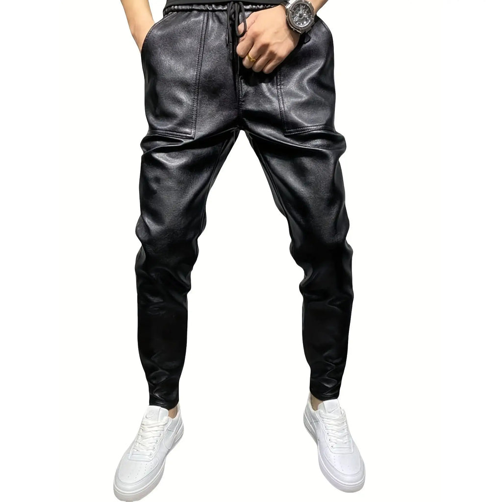 Men's plus size hot fashion black leather pants trend high-end slim fit small leg pants versatile fashionable leather pants