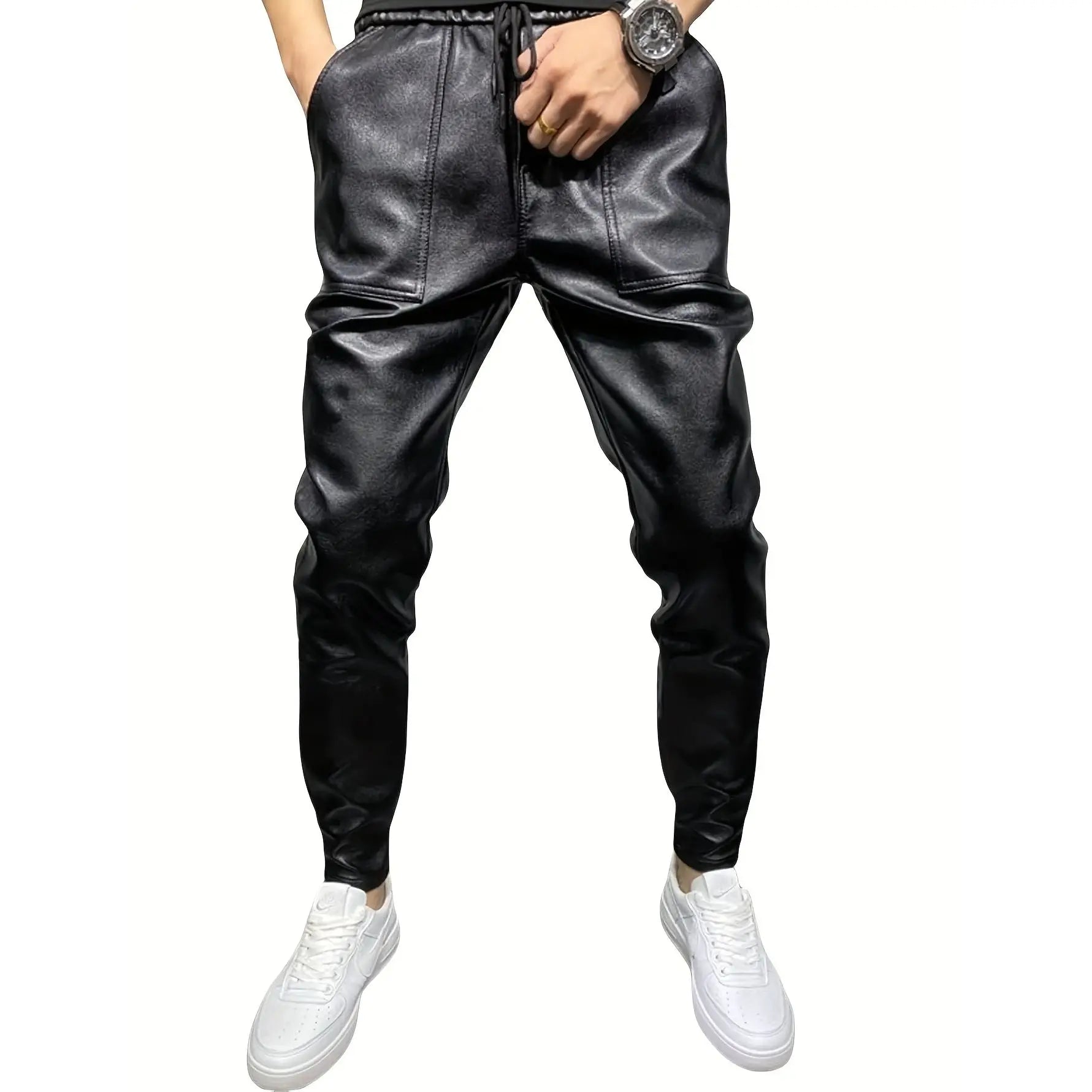 Men's plus size hot fashion black leather pants trend high-end slim fit small leg pants versatile fashionable leather pants