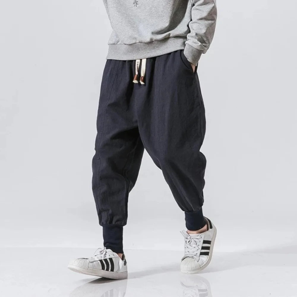 Cotton Linen Harem Pants Men Streetwear Joggers New Baggy Drop-crotch Pants Casual Trousers Men Sweatpants