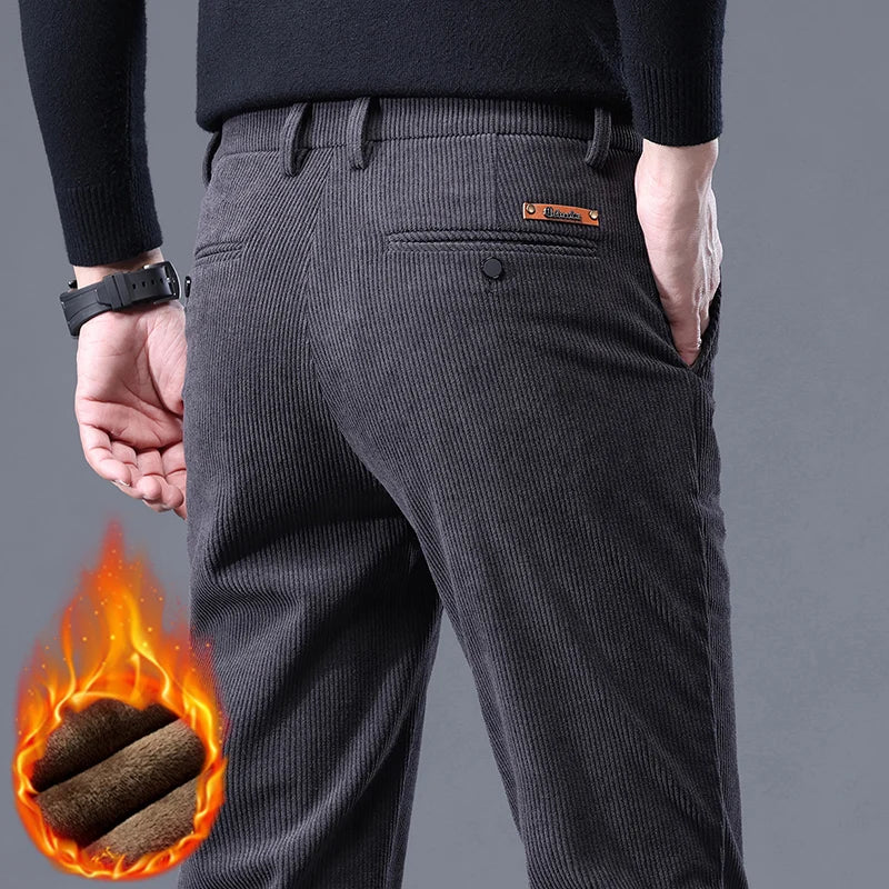 Khaki Black Gray Fleece Men's Corduroy Casual Pants Chenille Thick Stretch Business Trousers Mid-rise Brand Winter Thermal Pants