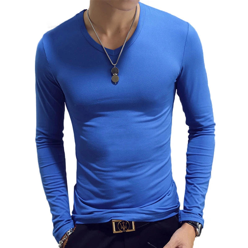 White Solid Color Basic Slim Men T-shirt Spring Autumn Bottoming Shirt Men Round Neck V-neck Casual Tops Long-sleeve Shirts