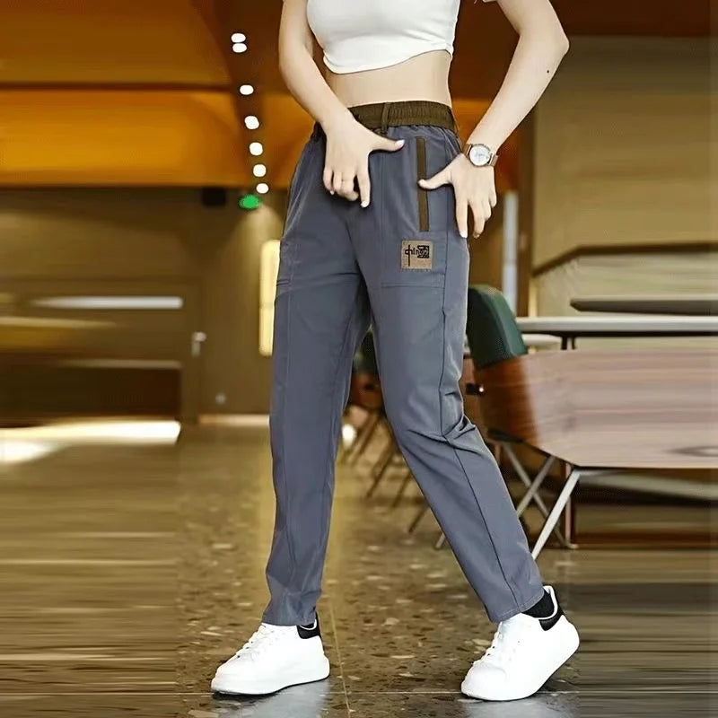 New Chinese Style Casual Mens Pants Summer Ice Silk Mid-Waist Elastic Straight Trousers Confortable Breathable Sports Pants