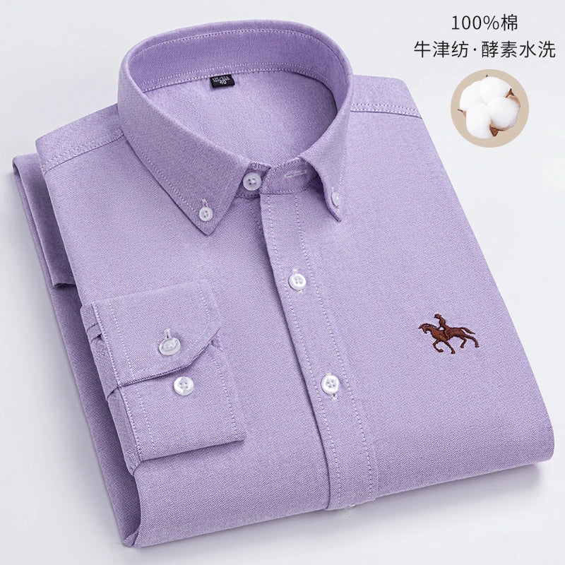 100% Cotton Oxford Shirt For Men's Long Sleeve Solid Casual Business Regular-Fit Formal Dress Shirts Social Blouse Male Clothes