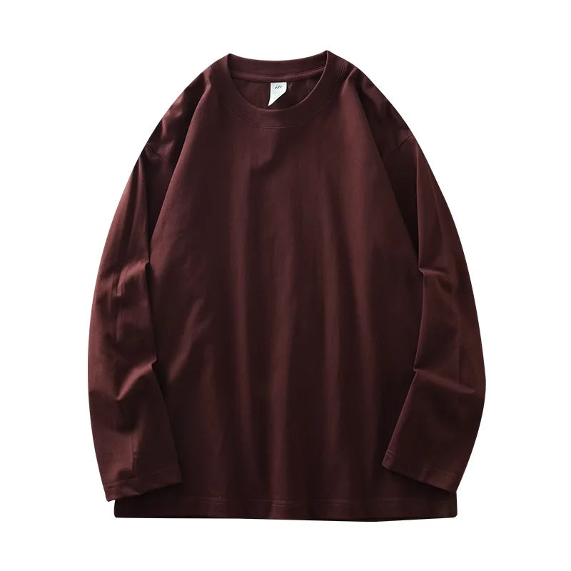 DUKEEN Men's 260G Long Sleeve T Shirts 2025 Spring Pure Cotton Solid Color Basic Crew-Neck Undershirt Men's Loose Tops 11 Color